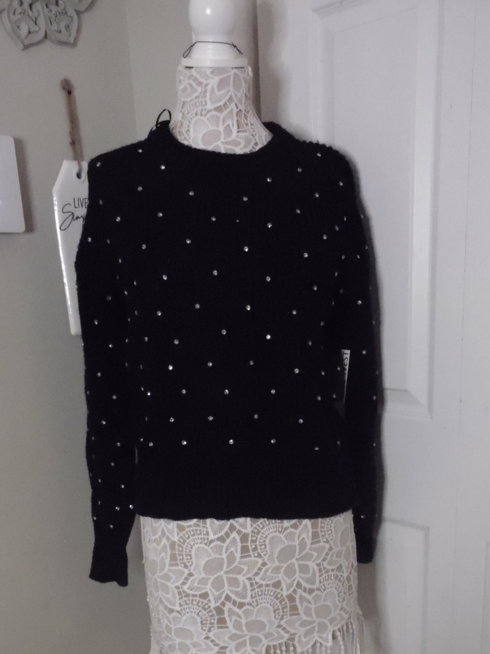 Nine West Black Crewneck Sweater with Pearl Studs